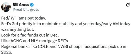 월가의 전설적 채권 투자자 빌 그로스가 23일(현지시간) 엑스(X·옛 트위터)에 존 윌리엄스 뉴욕 연방준비은행(연은) 총재의 발언을 비둘기파적으로 해석하면서, 다음달에 연방준비제도(Fed·연준)가 금리를 내릴 가능성에 힘을 실은 내용의 글. [그로스 엑스 캡처]