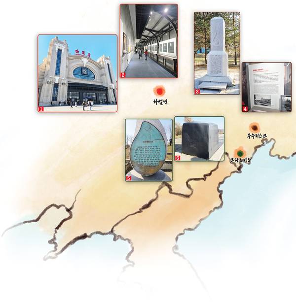 ① 하얼빈역 전경. ② 하얼빈역 ‘안중근 의사 기념관’ 내부 전경. ③ 러시아 우수리스크 수이푼강에 설치된 ‘이상설 유허비’. ④ 러시아 우수리스크 ‘최재형 기념관’ 내부. ⑤ 2001년 러시아 크라스키노에 설치된 단지동맹 기념비.  ⑥ 2011년 러시아 크라스키노에 새로 설치된 단지동맹 기념비. /김태강기자 think@kyeongin.com