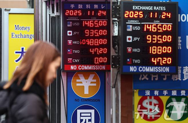 원·달러 환율이 고공행진을 이어가는 24일 서울 중구 명동거리의 환전소에 환율정보가 표시돼 있다. 2025.11.24/뉴스1 ⓒ News1 김도우 기자