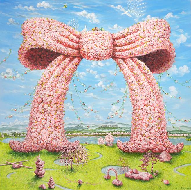 지오최, 울산바위를 수호하는 핑크리본, 130x130cm 아크릴릭 2025