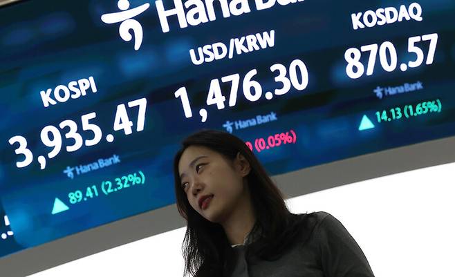 25일 서울 중구 하나은행 딜링룸 현황판에 코스피 지수, 원-달러 환율 등이 표시되고 있다. 연합뉴스
