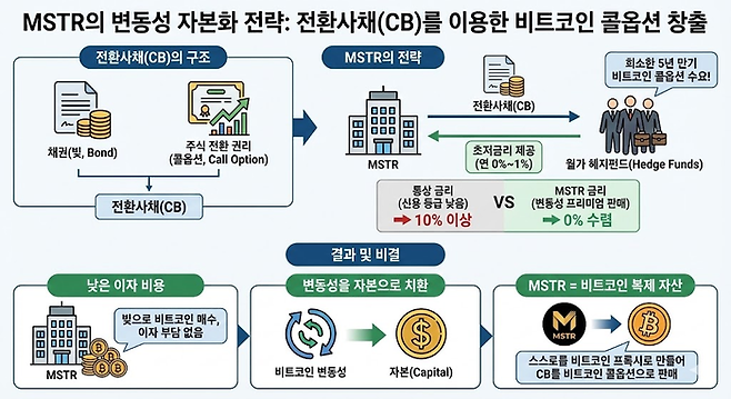 MSTR은 전환사채(CB)를 발행해 연 0%대 금리로 자금을 조달하고, 이를 비트코인 매입에 사용한다. 헤지펀드는 CB를 ‘비트코인 콜옵션’으로 인식해 매수한다. 이 과정에서 발생하는 높은 변동성은 MSTR의 자본으로 치환돼 기업의 펀더멘털을 강화하는 선순환 구조를 만든다. [자료=쟁글 리서치]
