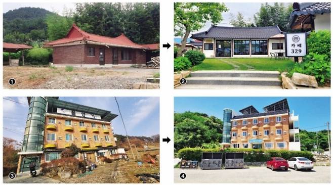 충남 서천군의 ①오랫동안 방치됐던 고택이 빈집 재생 사업을 통해 2023년 ②카페로 탈바꿈했다. 아래는 경남 함양군의 ③폐모텔이 리모델링을 거쳐 지난해 ④이주노동자 기숙사로 바뀐 모습. 정부는 ‘농촌 소멸 대응 빈집 재생 사업’을 통해 농촌에 방치된 빈집 정비를 추진하고 있다. 농림축산식품부 제공