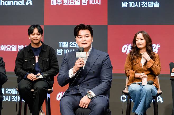 SSG 추신수 육성총괄이 25일 오후 서울 신도림 디큐브시티 더 세인트 웨딩홀에서 열린 채널A 예능 ‘야구여왕’ 제작발표회에 참석해 발언하고 있다. 사진 채널A