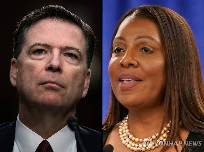 미국의 코미 전 FBI 국장과 제임스 뉴욕주 법무장관 [AFP 연합뉴스 자료사진. 재판매 및 DB 금지]
