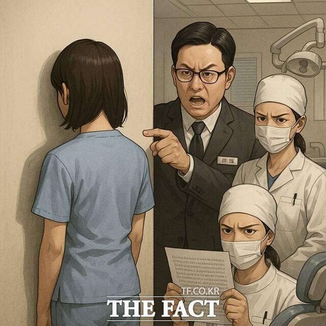 25일 '오승혁의 '현장''은 수년간 직원 수백명을 해고하고 반성문 깜지 작성, 벽 보고 서 있기, 폭언 등의 직장 내 괴롭힘을 한 뒤 퇴사자에게 배상금을 청구한 등의 혐의로 노동당국의 조사를 받고 있는 서울 강남구의 대형 치과를 찾았다. /AI 생성 이미지