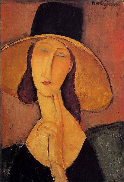 아메데오 모딜리아니, ‘큰 모자를 쓴 잔 에뷔테른’ (Portrait of Jeanne Hebuterne in a large hat). 1918~1919년. 캔버스에 유채. 세로 55 x 가로 37.5cm. 개인 소장.