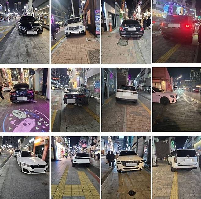 온라인 커뮤니티에 지난 23일 102대의 불법주차를 신고했다며 올라온 차량 사진들. /사진=보배드림 캡처