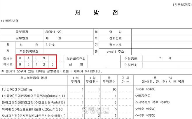 서울 가정의학과에서 탈모 진료 후 받은 처방전. 질병코드에는 G439(편두통), M5420(목 통증)만 적혔다. 김찬호 기자