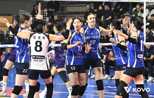 득점 후 기뻐하는 IBK기업은행 선수들 [한국배구연맹 제공. 재판매 및 DB 금지]
