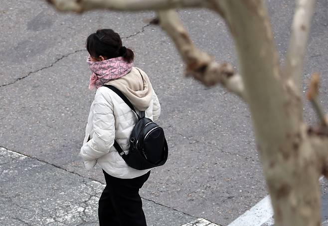 한 시민이 추위에 목도리를 두르고 출근길에 나서고 있다. 2025.11.19 사진=연합뉴스.