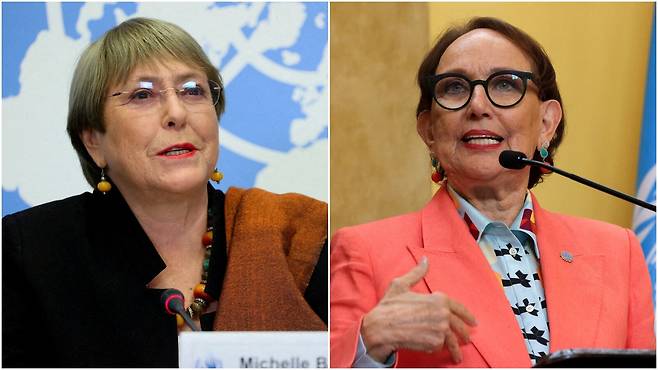 /로이터 연합뉴스차기 유엔 사무총장직 도전을 선언한 미첼 바첼레트(왼쪽) 전 칠레 대통령과 레베카 그린스펀(오른쪽) 전 코스타리카 부통령. 바첼레트와 그린스펀은 공직 퇴임 후 유엔 관련 활동을 지속해왔다. 두 후보 중 누가 선출되더라도 유엔 역사상 최초의 여성 사무총장이 탄생한다. 차기 유엔 사무총장은 2027년 1월 5년 임기를 시작한다./ 로이터 연합뉴스