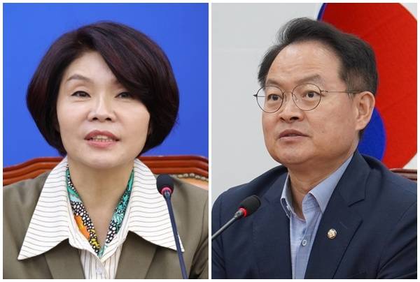 한정애(왼쪽) 더불어민주당 정책위의장과 허영 정책수석. [연합뉴스]