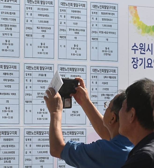 어르신들이 일자리를 찾기 위해 취업정보 게시판을 살펴보고 있다. 2023.10.11. jtk@newsis.com /사진=뉴시스