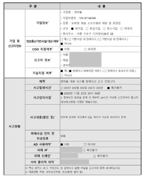 지난 22일 넷마블 PC 사이트에서 해킹 피해가 발생한 가운데 넷마블이 사고 인지 시점 72시간 후인 25일 신고한 것으로 밝혀져 논란이 되고 있다. 사진은 최민희 국회 과학기술정보방송통신위원장(더불어민주당 의원)실이 공개한 넷마블의 KISA 신고서. [사진=최민희 더불어민주당 의원실]