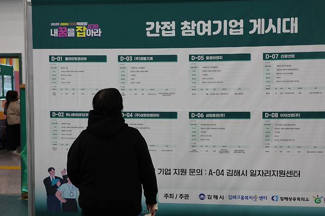A job seeker looks at an employment bulletin board at a job fair in Gimhae, South Gyeongsang, on Nov. 12. [YONHAP]