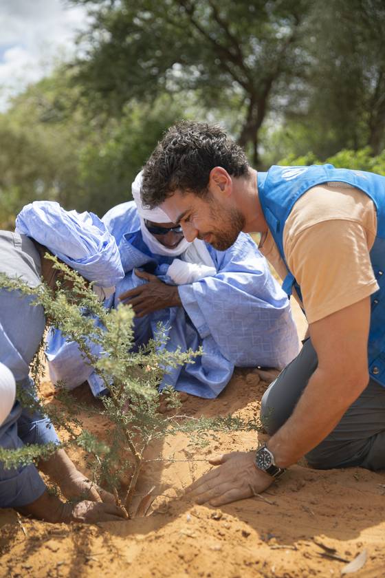 Actor and United Nations High Commissioner for Refugees (UNHCR) Goodwill Ambassador Theo James, right, plants a tree at the Mbera Refugee Camp in Mauritania with Ahmed Ould Ibrahim, head of SOS Desert’s office in the camp, left, and Mohamed Ag Malha, a physics professor and refugee from Mali, center, on Oct. 8. 2024. [UNITED NATIONS HIGH COMMISSIONER FOR REFUGEES]