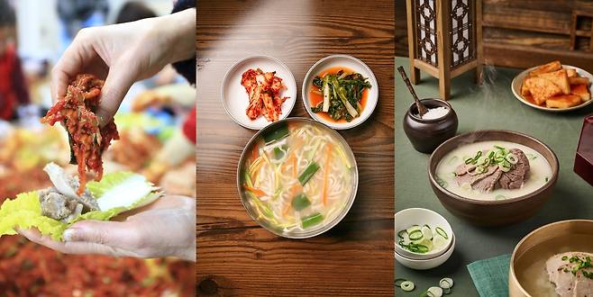 왼쪽부터 ‘수육+김장 김치’, ‘칼국수+배추겉절이’, ‘설렁탕+섞박지’ 조합  [게티이미지뱅크]