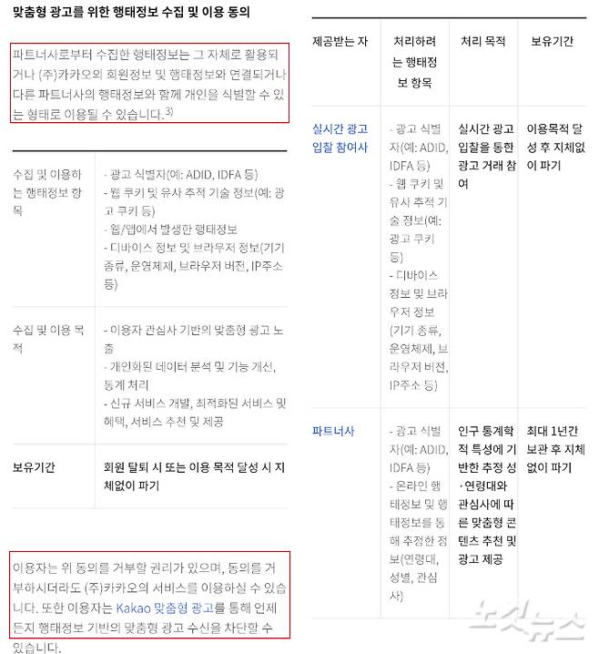 왼쪽부터 맞춤형 광고를 위한 행태정보 수집 및 이용 동의 약관, 맞춤형 광고를 위한 행태정보 제3자 제공 동의 약관. 하단에 동의를 거부할 권리가 있다고 명시돼있다. 장윤우 기자