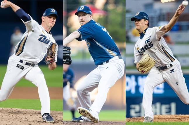 드류 루친스키와 에릭 페디, 카일 하트(왼쪽부터). /사진=NC 다이노스 제공