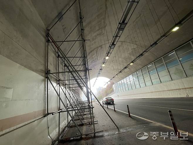 동탄숲 생태터널에 철재물로 보강작업이 돼있다. 김이래기자