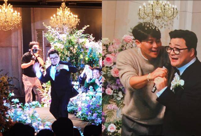 윤정수가 신나게 춤을 추며 입장했고, 이재훈과 함께 축가를 불렀다. 유수경 기자