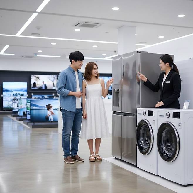 한국인 신혼부부가 가전제품을 구매하러 와서 TV는 관심이 없고 냉장고 세탁기만 구매하려는 이미지를 구글 제미나이로 생성.