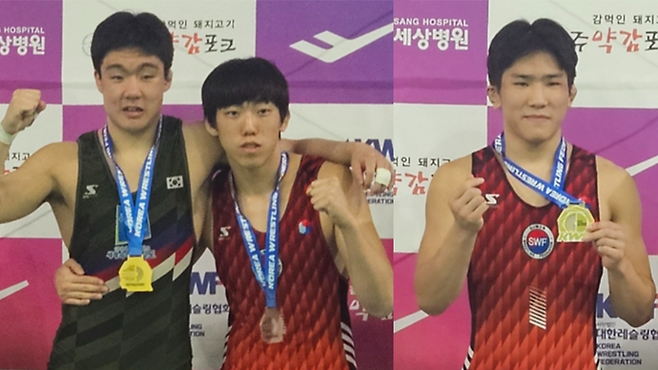 1일 강원 태백 고원체육관에서 열린 제19회 전국레슬링종합선수권대회서 입상한 곡정고의 김민서(사진 왼쪽부터)·전준우·조영준이 기념사진을 찍고 있다.사진=곡정고등학교