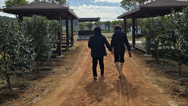 최근 신안군 신의면 가락공원에 '황토맨발길'이 조성된 가운데 방문객들이 맨발길을 걷고 있다. 신안군 제공