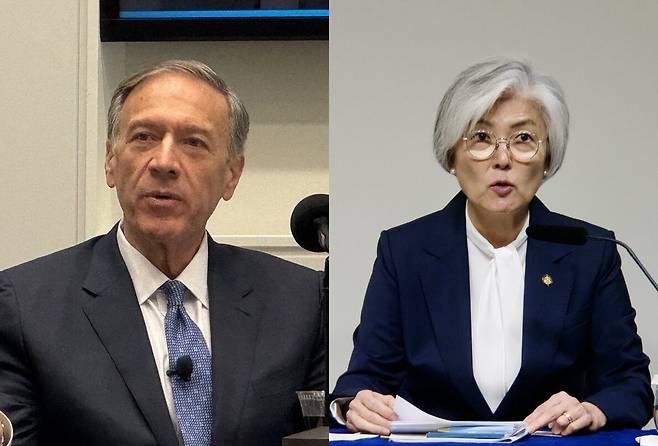 마이크 폼페이오 전 미국 국무장관과 강경화 주미 대사. /조선DB