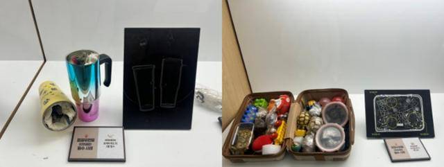 국립생태원에서 상설 전시되고 있는 야생동물 밀수 사례. 텀블러(왼쪽)나 반찬통에 소형 동물을 넣어 밀수하려다 공항에서 적발된 사례를 재현했다. 동물복지문제연구소 어웨어 제공