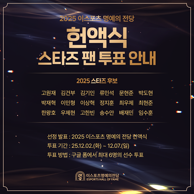한국e스포츠협회가 ‘2025 e스포츠 명예의 전당 헌액식’을 앞두고, 팬들이 직접 선정하는 ‘스타즈’ 후보를 공개했다. 사진 | 한국e스포츠협회