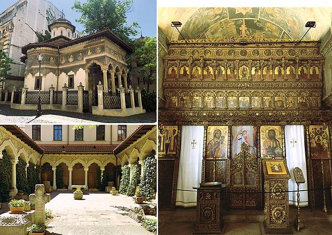 (좌로부터 시계 반대방향) 1724년에 지어진  스타브로폴레오스 수도원 외관, 스타브로폴레오스 수도원 안뜰, 정교한 건축 디자인이 특징인 스타브로폴레오스 수도원 예배당 내부