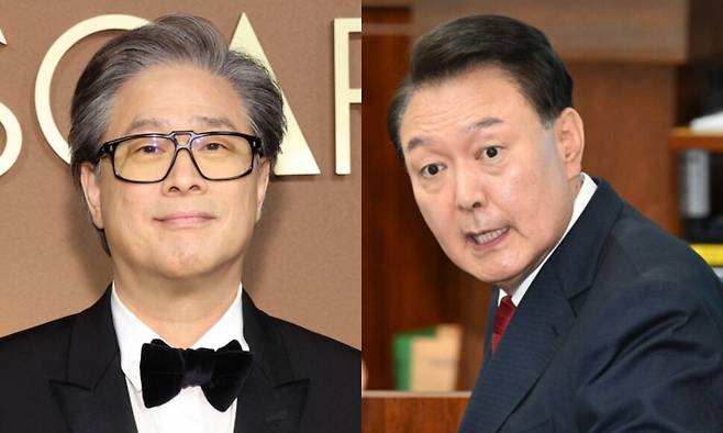 11월17일(현지시각) 미국 로스앤젤레스(LA) 할리우드 레이 돌비 볼룸에서 열린 제16회 거버너스 어워즈에 참석한 박찬욱 감독(왼쪽)과 지난 4월21일 서울 서초동 서울중앙지법에서 열린 내란 우두머리 혐의 형사재판 2번째 공판에 출석한 윤석열 전 대통령. AFP 연합뉴스, 사진공동취재단