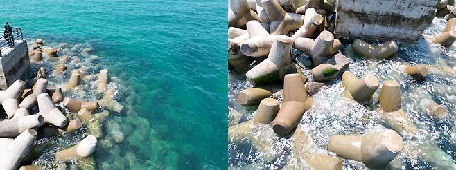 방파제를 지탱하는 테트라포드가 지반 침하로 함께 내려앉은 모습. 제주해양경찰청 제공