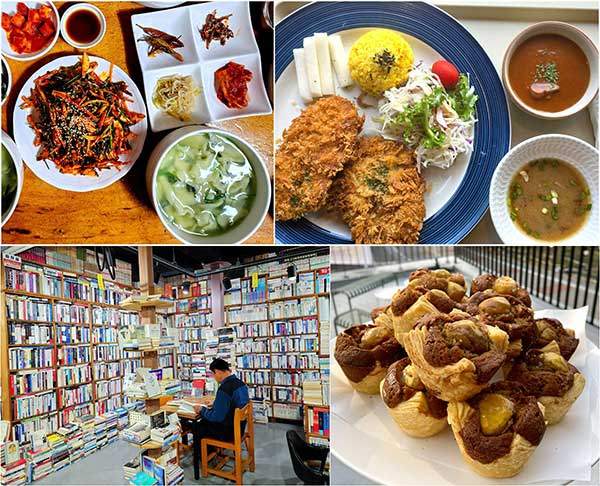 구례 여행 이모저모. 음식이 아니라 '맛있는 약'을 먹는 기분이었던 다슬기수제비와 다슬기무침. 구례구역 건너편에 있는 레스토랑 '구례역대합실'과 '구례역 제과점'은 지역의 식재료를 사용한 메뉴를 개발해 여행자들이 꼭 들르는 핫플레이스로 떠올랐다. 여기서 5분 거리에 청계천 헌책방을 100개쯤 옮겨놓은 듯한 '섬진강책사랑방'이 있다.