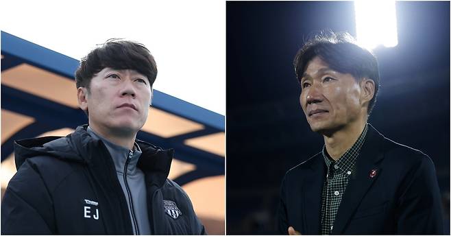 프로축구 K리그 승강 플레이오프2에서 대결하는 수원FC의 김은중 감독(왼쪽)과 부천FC의 이영민 감독.