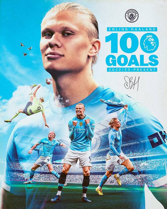 3일 맨시티 홀란이 크레이븐 코티지에서 열린 풀럼과의 2025~26 EPL 14라운드 원정경기서 리그 100호 골 가입에 성공했다. 사진=EPL