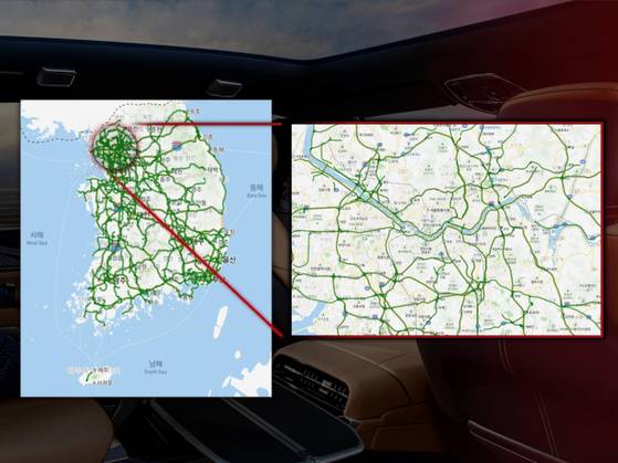 한국GM의 슈퍼크루즈가 가동되는 전국 고속도로 및 자동차전용도로. 서울의 경우, 표시된 것처럼 도심 주행은 지원하지 않는다. 사진 한국GM