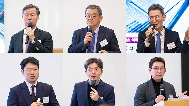 컴플라이언스 아카데미 발표 모습(좌측부터 시계방향으로 남상봉 변호사, 지철호 고문, 조찬영 변호사, 윤호상 변호사, 조주연 변호사, 이수균 변호사)