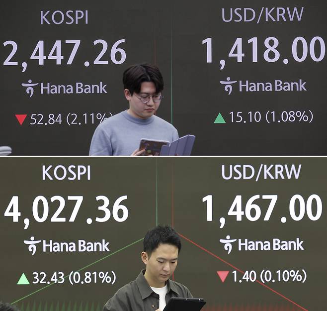 국회의 의결로 비상계엄을 해제한 지난해 12월 4일 오전 서울 중구 하나은행 딜링룸 전광판에 표시된 코스피, 원/달러 환율(위 사진)과 3일 오전 코스피, 원/달러 환율 모습.2025.12.3 [연합]