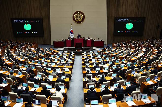 [서울=뉴시스] 김명년 기자 = 지난 2일 오후 서울 여의도 국회에서 열린 본회의에서 2026년도 예산안이 통과되고 있다. 2025.12.02. kmn@newsis.com