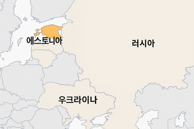에스토니아(주황색)와 러시아, 우크라이나를 중심으로 한 동유럽 지도. 러시아와 맞닿은 에스토니아 북동부 국경은 나토 동부 방위선의 최전선으로 평가된다. 그래픽=서울신문 뉴미디어랩 제작·AI 이미지