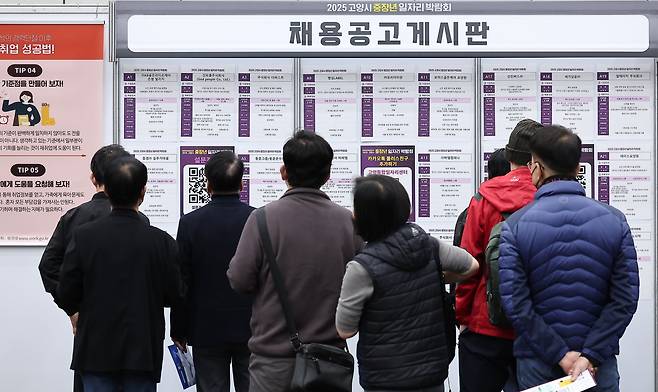 11월 6일 경기도 고양시 킨텍스에서 열린 2025 고양시 중장년 일자리 박람회에서 구직자들이 채용 정보를 살펴보고 있다./뉴스1
