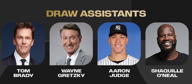 북중미 월드컵 조 추첨 행사에 참여하는 스포츠 영웅들. 왼쪽부터 NFL 톰 브래디, NHL 웨인 그레츠키, MLB 애런 저지, NBA 샤킬 오닐. / FIFA