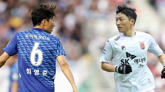 수원 베테랑 미드필더 최영준이 이적 첫해 친정팀과 승강 PO에서 마주한 묘한 상황에 놓였다. 오른쪽 사진은 2024시즌 제주 시절 최영준. 사진=프로축구연맹