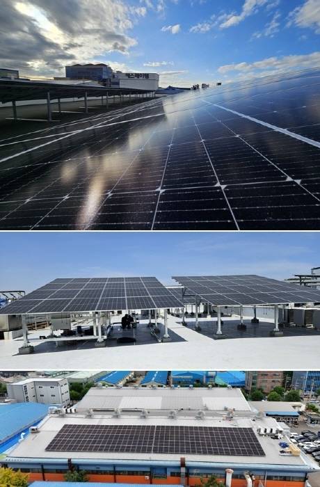< 에스제이엠(SJM) 태양광 발전 설비 (위에서부터) 안산본사 지붕, 안산기술연구소 지붕, 시화공장 지붕 / 사진 제공 : 에스제이엠 >