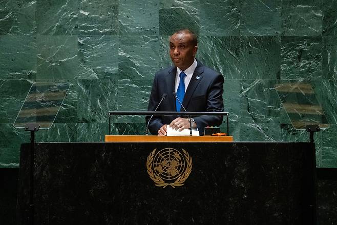 지난 9월 함자 압디 바레 소말리아 총리가 뉴욕시의 유엔 본부에서 열린 유엔 총회(UNGA)에서 연설는 모습. [게티이미지]