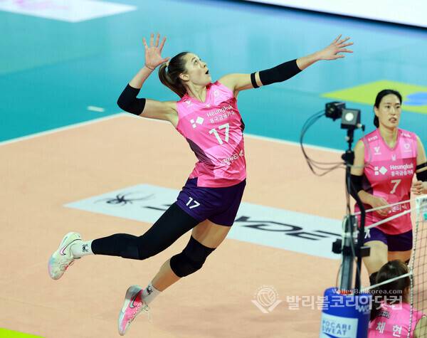 3일 흥국생명과 한국도로공사 경기에서 레베카가 후위공격을 하는 모습.2025.12.3.