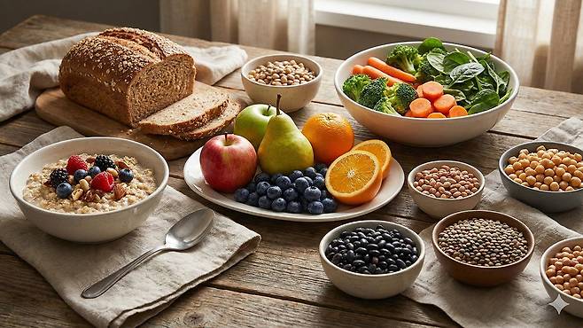 수용성 식이섬유는 소화관에서 콜레스테롤을 흡착, 배출하는 역할을 한다|출처: Gemini 생성